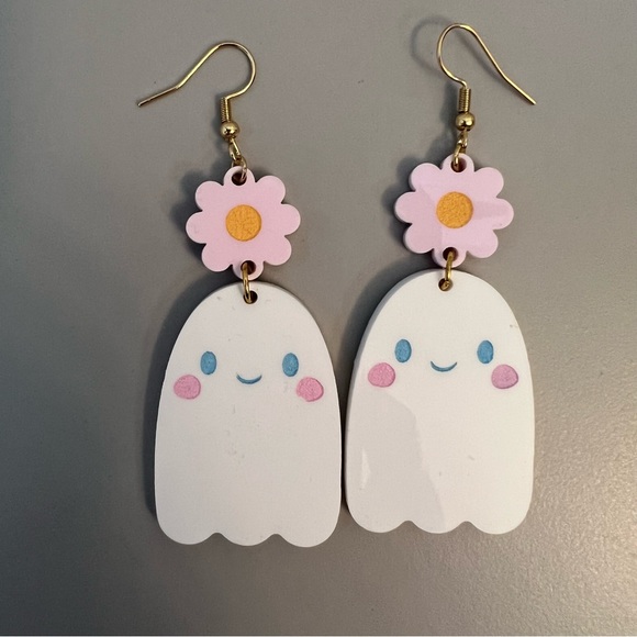 Ghost Flower Floral Earrings Cute Spooky Halloween - Picture 3 of 4